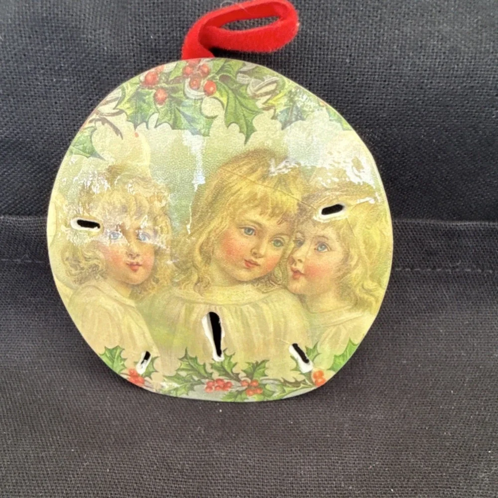 Decorative REAL Sand Dollar Shell Ornament with Angels, Holly,‎ and Red Ribbon